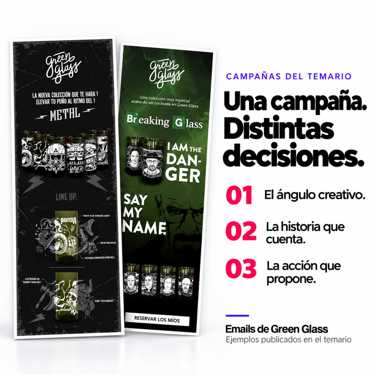 Fragmentos de campañas reales de Green Glass del temario para observar el ángulo creativo, la historia y el llamado a la acción.