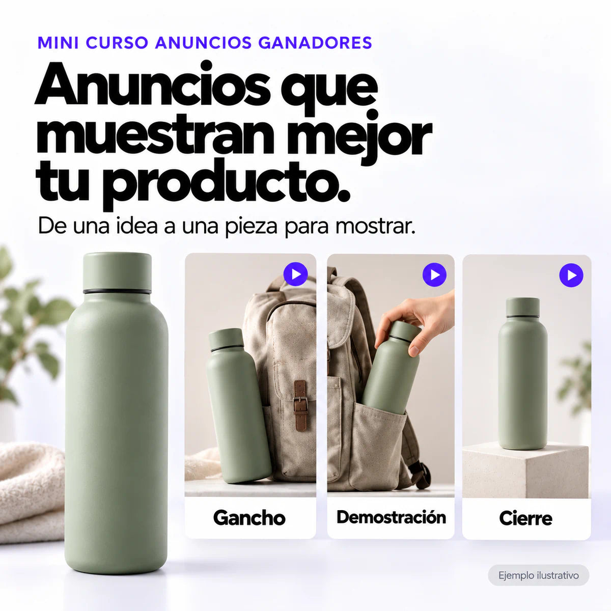 Ejemplo ilustrativo de una botella y tres fotogramas de anuncio: gancho, demostración y cierre.