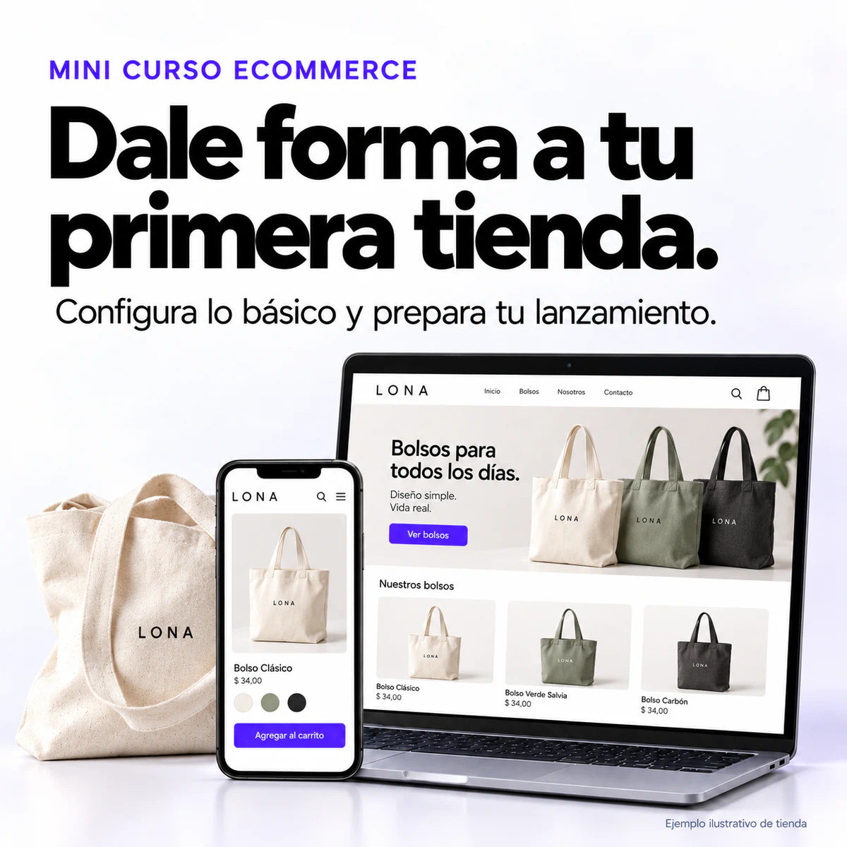 Mini Ecommerce: ejemplo ilustrativo de una primera tienda de bolsos en computador y móvil.
