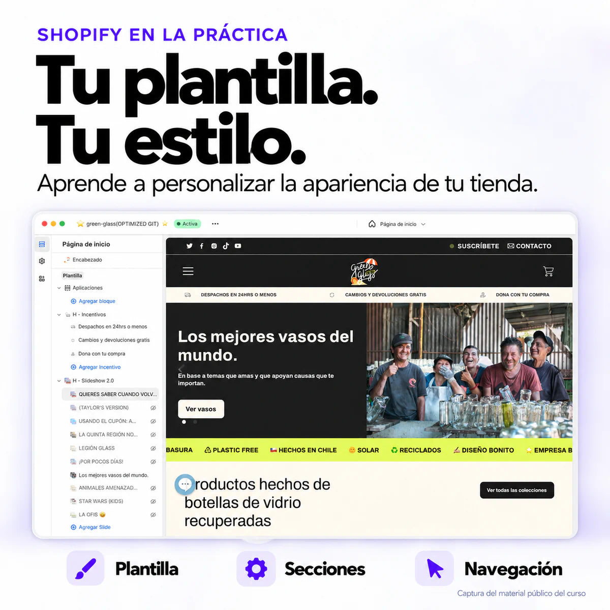 Editor de temas de Shopify con Green Glass, tomado del material público del Mini Curso Ecommerce.