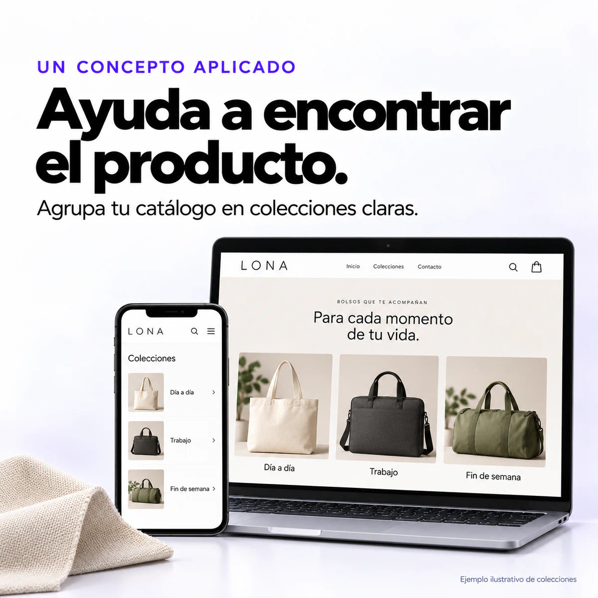 Ejemplo ilustrativo de colecciones de una tienda de bolsos: uso diario, trabajo y fin de semana.