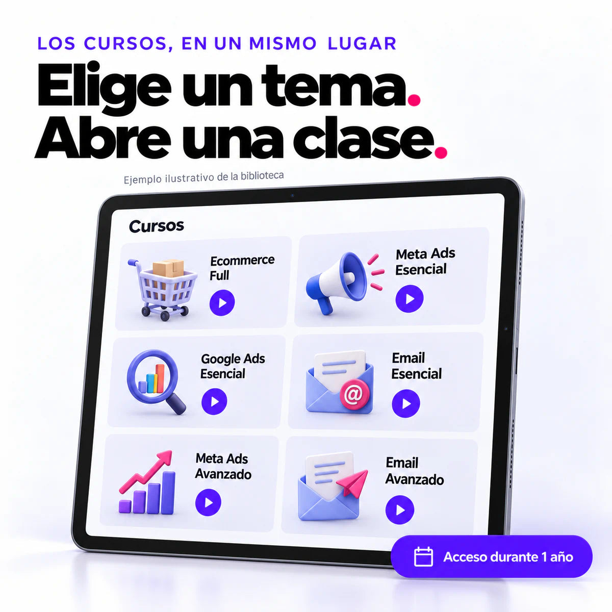 Vista ilustrativa de una biblioteca digital con los seis cursos principales de la membresía anual.