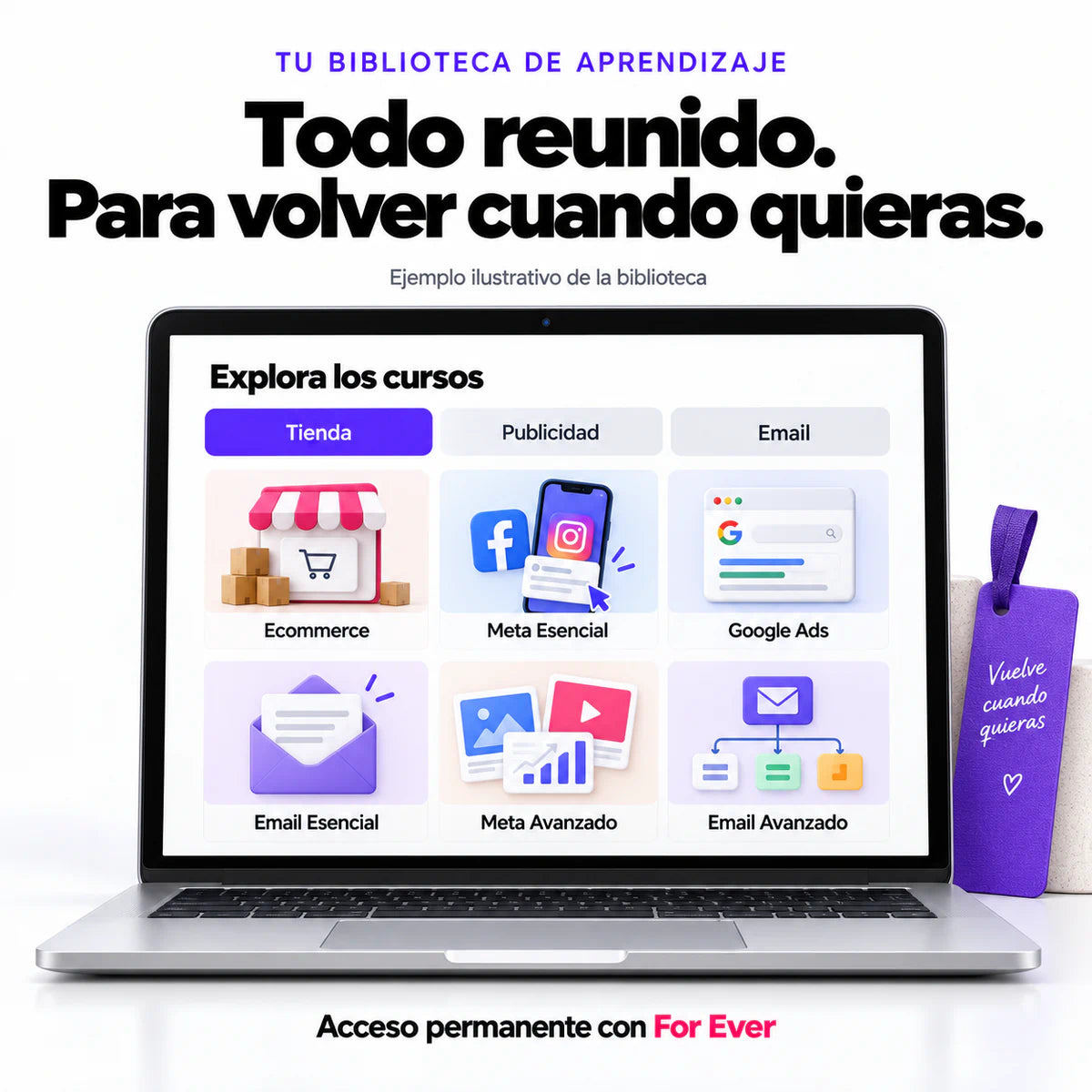 Ilustración de una biblioteca online con categorías de tienda, publicidad y email; no es captura real del portal.