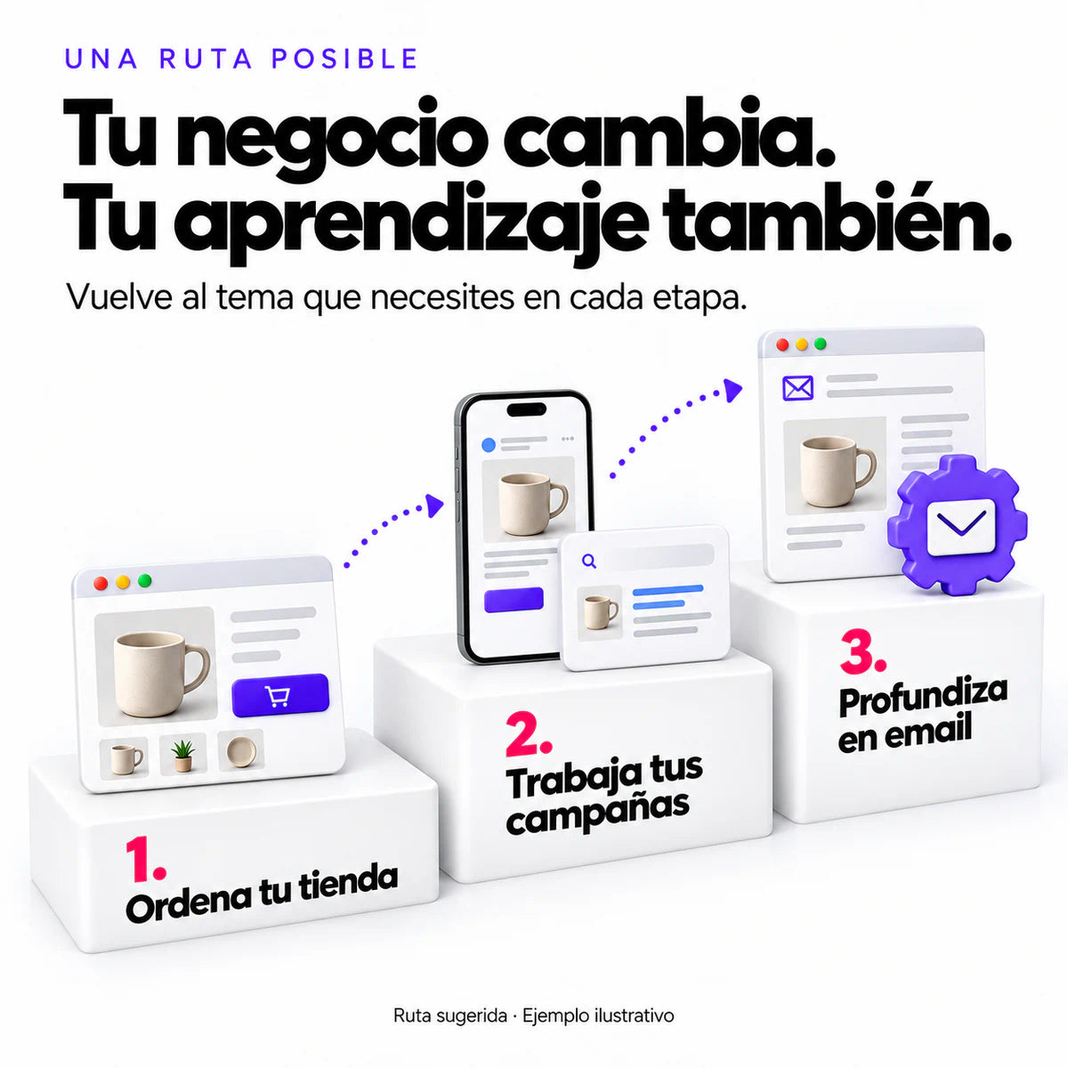 Ruta sugerida desde organizar la tienda a crear campañas y desarrollar la relación por email.